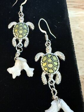 Turtle-Hand Crafted Earrings w Coral